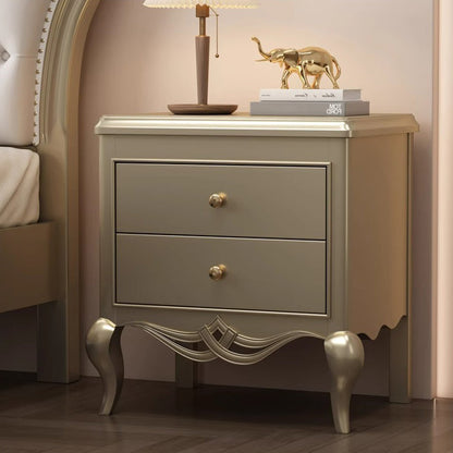 Traditional French Panels Champagne Gold Nightstand With Cabriole Legs 2-Drawer For Bedroom