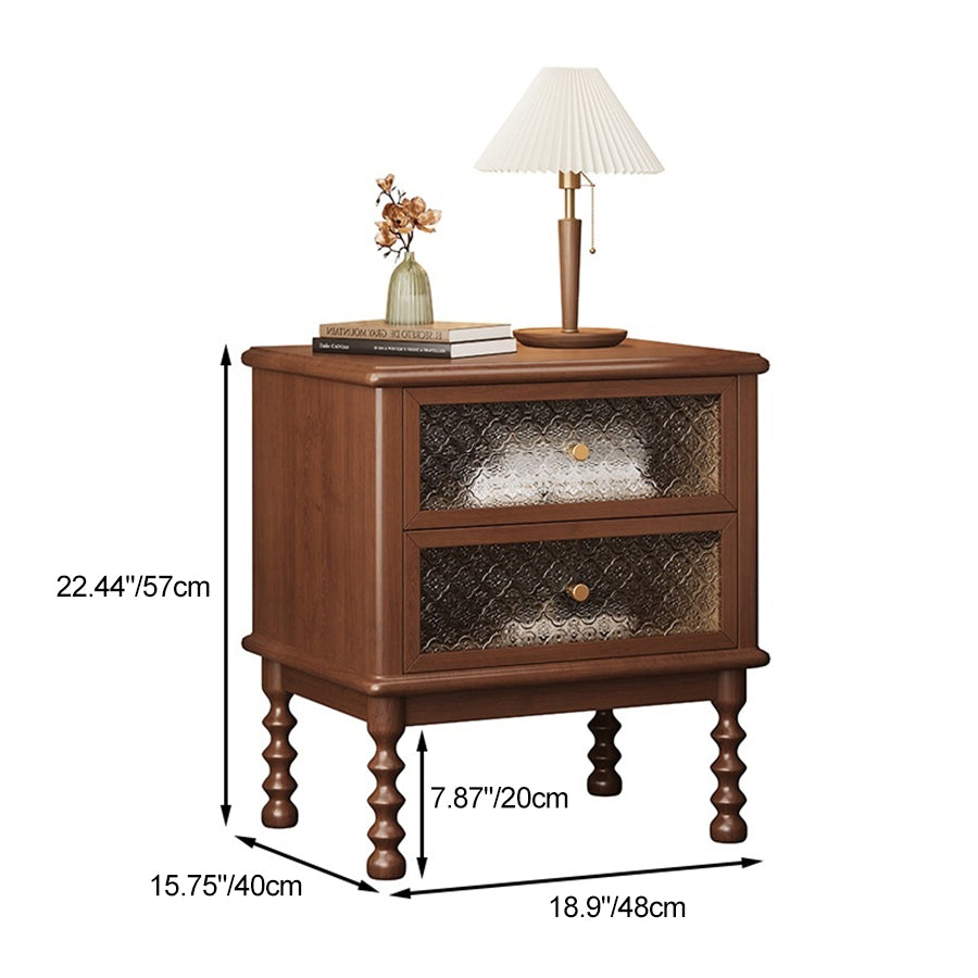 Traditional Vintage Carved Glass Design Solid Wood Nightstand 2-Drawer For Bedroom