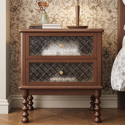Traditional Vintage Carved Glass Design Solid Wood Nightstand 2-Drawer For Bedroom