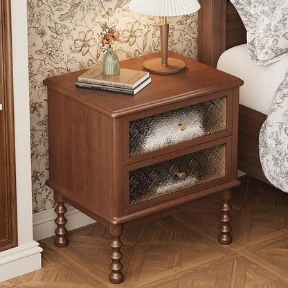 Traditional Vintage Carved Glass Design Solid Wood Nightstand 2-Drawer For Bedroom