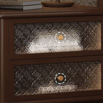 Traditional Vintage Carved Glass Design Solid Wood Nightstand 2-Drawer For Bedroom