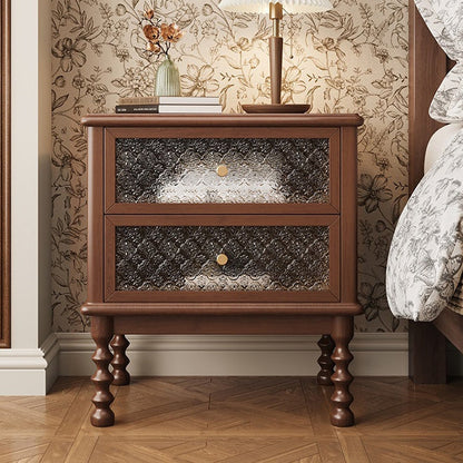 Traditional Vintage Carved Glass Design Solid Wood Nightstand 2-Drawer For Bedroom