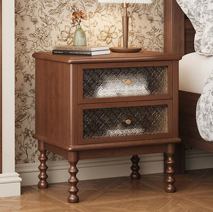 Traditional Vintage Carved Glass Design Solid Wood Nightstand 2-Drawer For Bedroom
