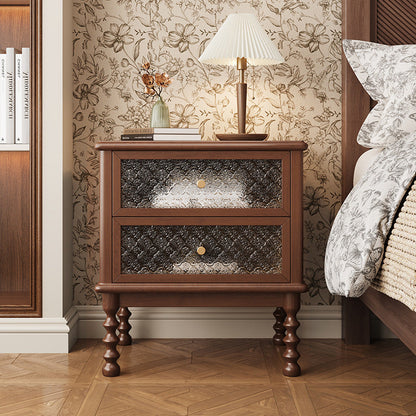 Traditional Vintage Carved Glass Design Solid Wood Nightstand 2-Drawer For Bedroom