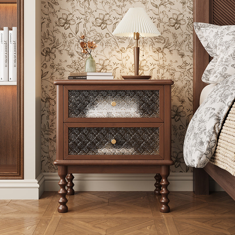 Traditional Vintage Carved Glass Design Solid Wood Nightstand 2-Drawer For Bedroom