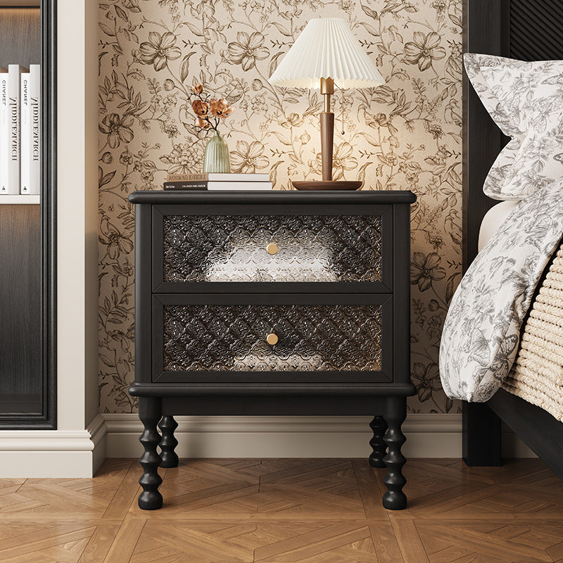 Traditional Vintage Carved Glass Design Solid Wood Nightstand 2-Drawer For Bedroom