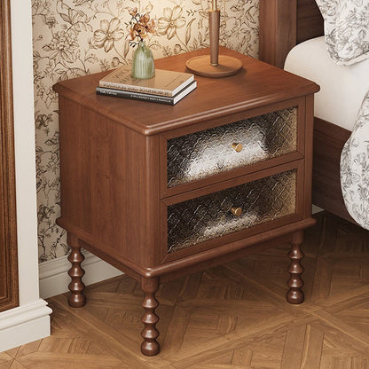 Traditional Vintage Carved Glass Design Solid Wood Nightstand 2-Drawer For Bedroom