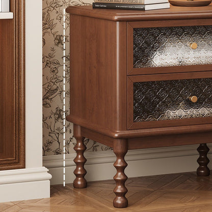 Traditional Vintage Carved Glass Design Solid Wood Nightstand 2-Drawer For Bedroom