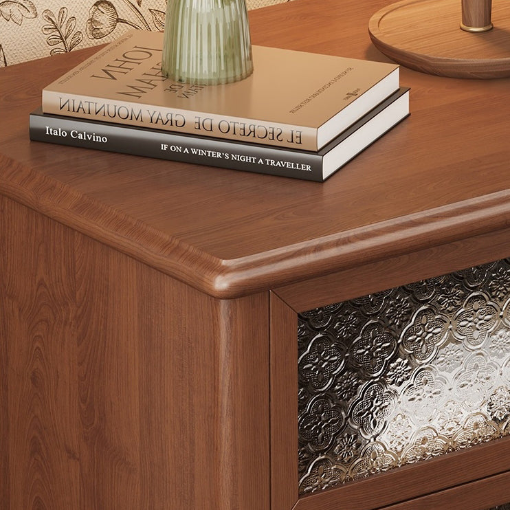 Traditional Vintage Carved Glass Design Solid Wood Nightstand 2-Drawer For Bedroom