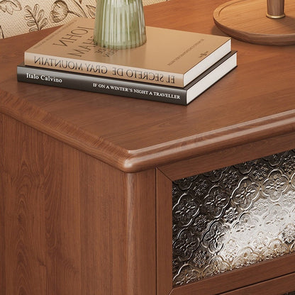 Traditional Vintage Carved Glass Design Solid Wood Nightstand 2-Drawer For Bedroom