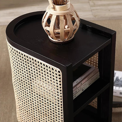 Traditional Japanese Oval Tabletop Solid Wood Rattan Nightstand 2-Cabinet For Bedroom