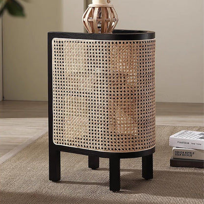 Traditional Japanese Oval Tabletop Solid Wood Rattan Nightstand 2-Cabinet For Bedroom