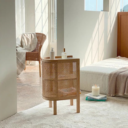 Traditional Japanese Oval Tabletop Solid Wood Rattan Nightstand 2-Cabinet For Bedroom
