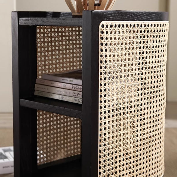 Traditional Japanese Oval Tabletop Solid Wood Rattan Nightstand 2-Cabinet For Bedroom