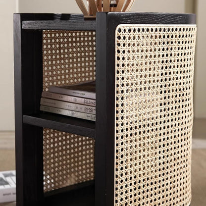 Traditional Japanese Oval Tabletop Solid Wood Rattan Nightstand 2-Cabinet For Bedroom