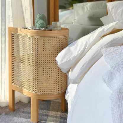 Traditional Japanese Oval Tabletop Solid Wood Rattan Nightstand 2-Cabinet For Bedroom