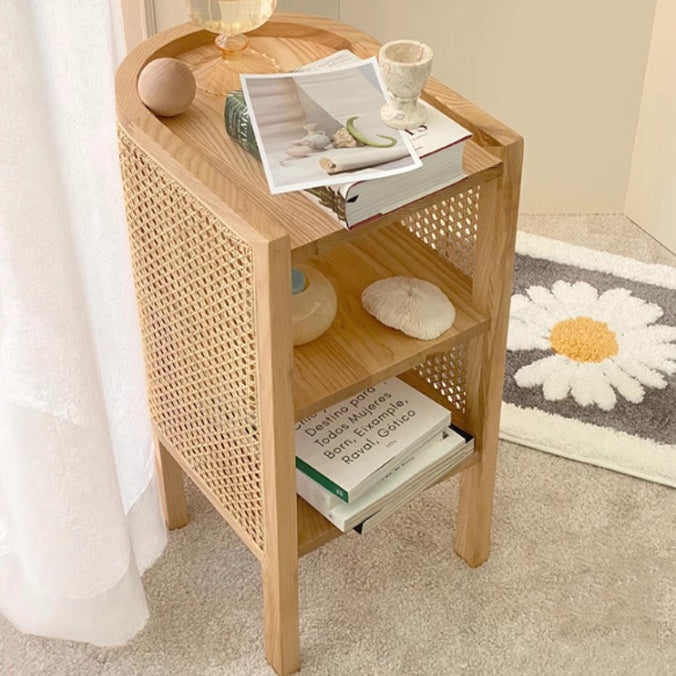 Traditional Japanese Oval Tabletop Solid Wood Rattan Nightstand 2-Cabinet For Bedroom