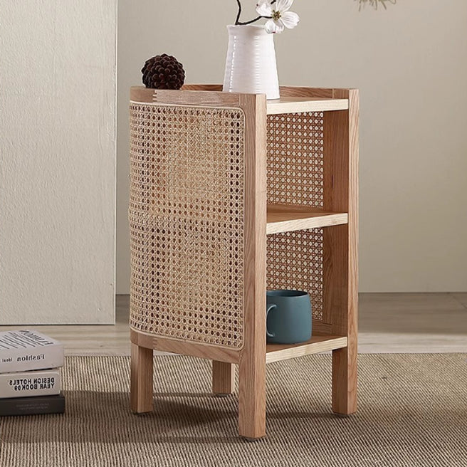 Traditional Japanese Oval Tabletop Solid Wood Rattan Nightstand 2-Cabinet For Bedroom