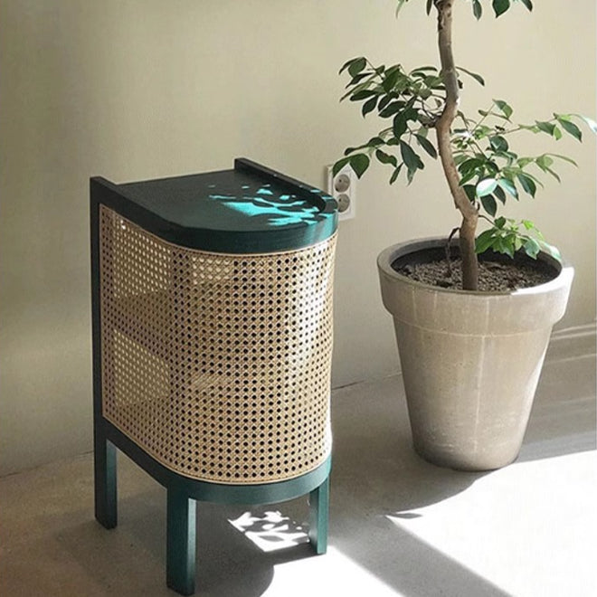 Traditional Japanese Oval Tabletop Solid Wood Rattan Nightstand 2-Cabinet For Bedroom