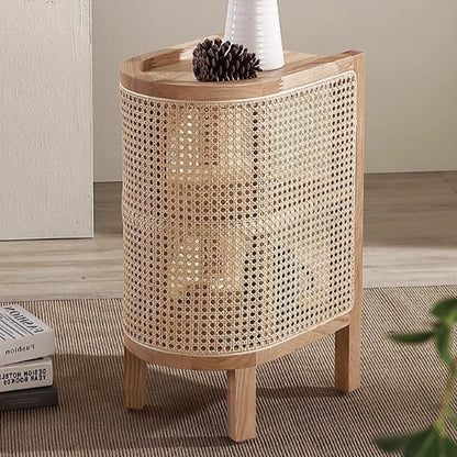 Traditional Japanese Oval Tabletop Solid Wood Rattan Nightstand 2-Cabinet For Bedroom