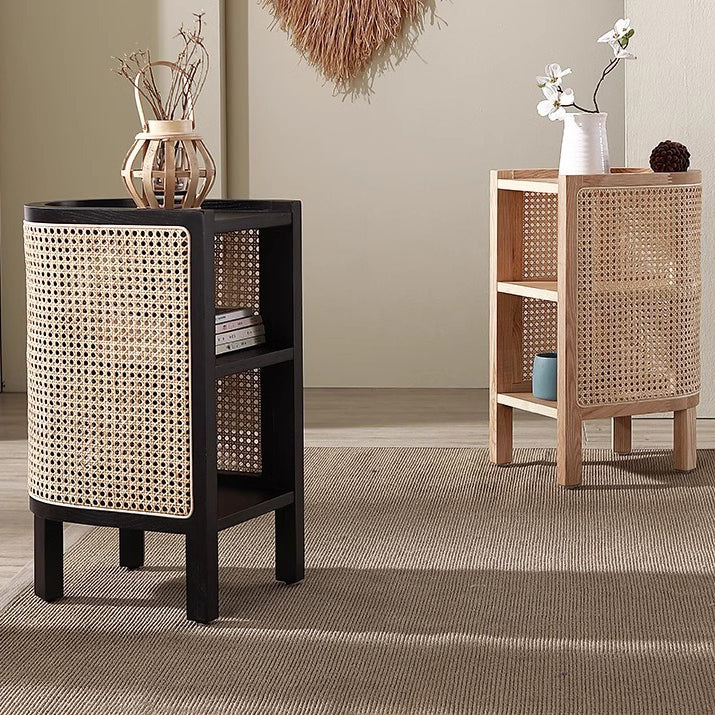 Traditional Japanese Oval Tabletop Solid Wood Rattan Nightstand 2-Cabinet For Bedroom