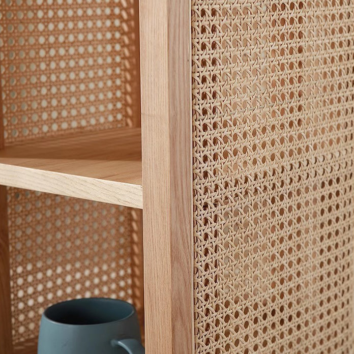 Traditional Japanese Oval Tabletop Solid Wood Rattan Nightstand 2-Cabinet For Bedroom