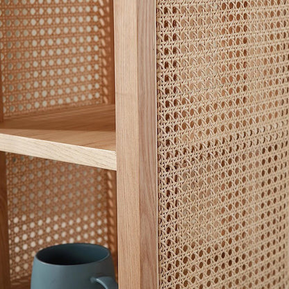 Traditional Japanese Oval Tabletop Solid Wood Rattan Nightstand 2-Cabinet For Bedroom