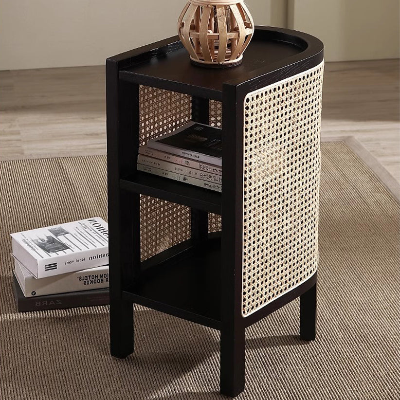 Traditional Japanese Oval Tabletop Solid Wood Rattan Nightstand 2-Cabinet For Bedroom