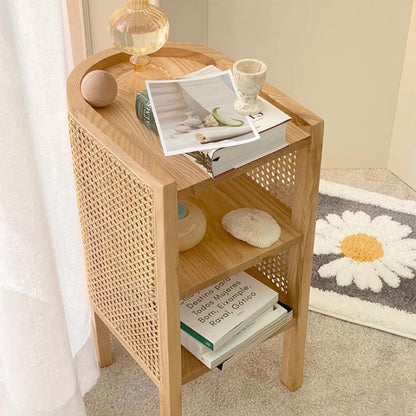 Traditional Japanese Oval Tabletop Solid Wood Rattan Nightstand 2-Cabinet For Bedroom