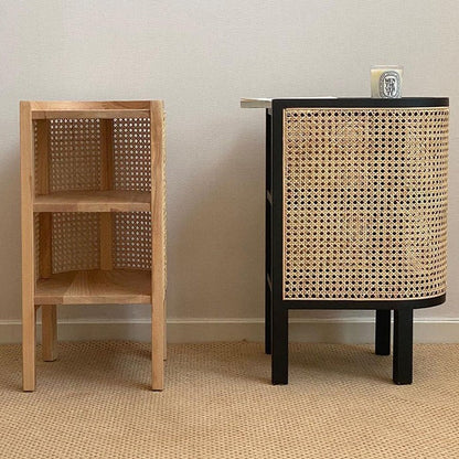 Traditional Japanese Oval Tabletop Solid Wood Rattan Nightstand 2-Cabinet For Bedroom