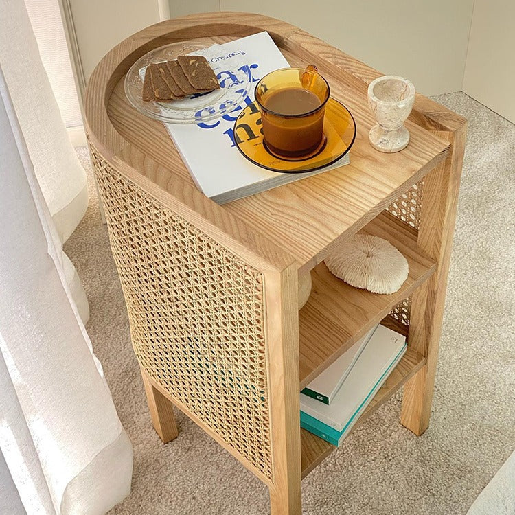 Traditional Japanese Oval Tabletop Solid Wood Rattan Nightstand 2-Cabinet For Bedroom