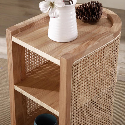 Traditional Japanese Oval Tabletop Solid Wood Rattan Nightstand 2-Cabinet For Bedroom