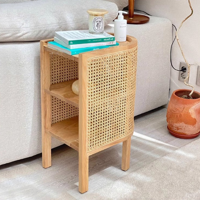 Traditional Japanese Oval Tabletop Solid Wood Rattan Nightstand 2-Cabinet For Bedroom