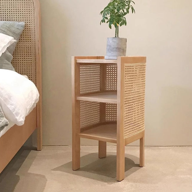 Traditional Japanese Oval Tabletop Solid Wood Rattan Nightstand 2-Cabinet For Bedroom