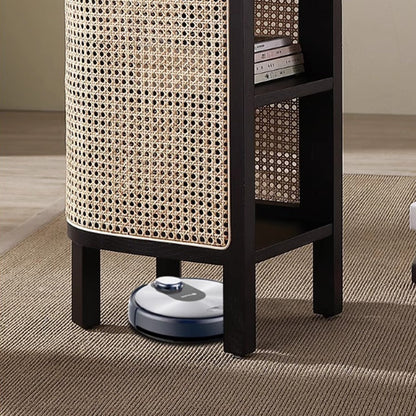 Traditional Japanese Oval Tabletop Solid Wood Rattan Nightstand 2-Cabinet For Bedroom