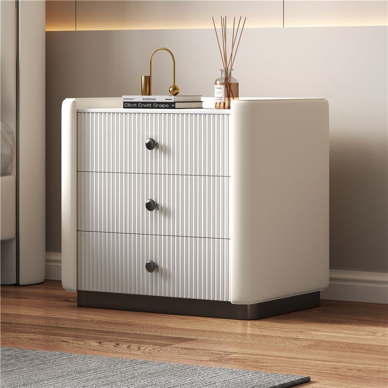 Modern Luxury Rectangular Desktop Microfiber Leather Solid Wood Rock Slab Nightstand 3-Drawer For Bedroom