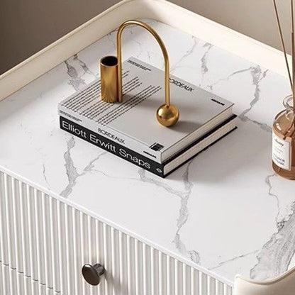 Modern Luxury Rectangular Desktop Microfiber Leather Solid Wood Rock Slab Nightstand 3-Drawer For Bedroom