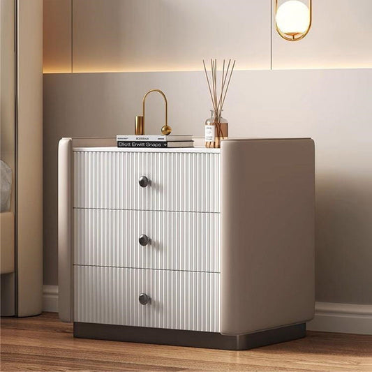 Modern Luxury Rectangular Desktop Microfiber Leather Solid Wood Rock Slab Nightstand 3-Drawer For Bedroom