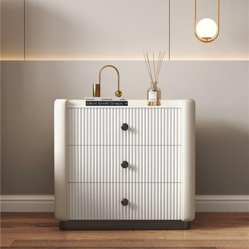 Modern Luxury Rectangular Desktop Microfiber Leather Solid Wood Rock Slab Nightstand 3-Drawer For Bedroom