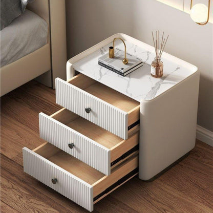 Modern Luxury Rectangular Desktop Microfiber Leather Solid Wood Rock Slab Nightstand 3-Drawer For Bedroom