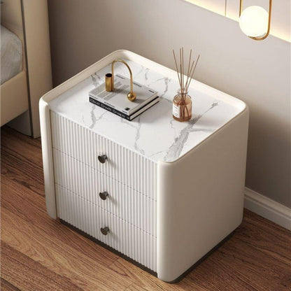 Modern Luxury Rectangular Desktop Microfiber Leather Solid Wood Rock Slab Nightstand 3-Drawer For Bedroom