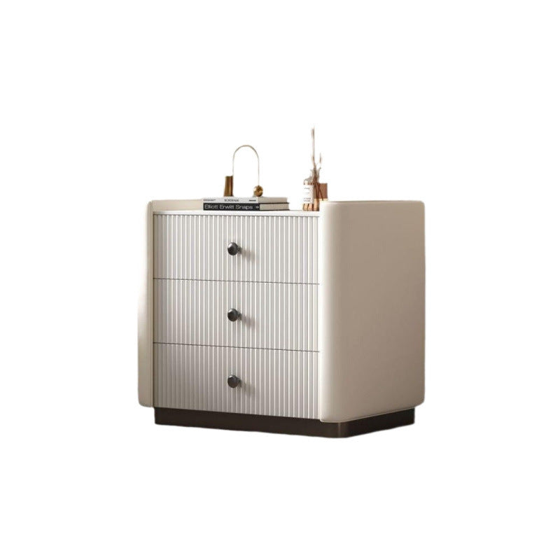 Modern Luxury Rectangular Desktop Microfiber Leather Solid Wood Rock Slab Nightstand 3-Drawer For Bedroom