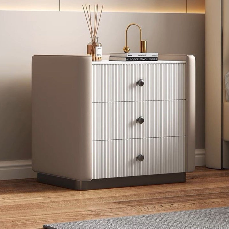 Modern Luxury Rectangular Desktop Microfiber Leather Solid Wood Rock Slab Nightstand 3-Drawer For Bedroom