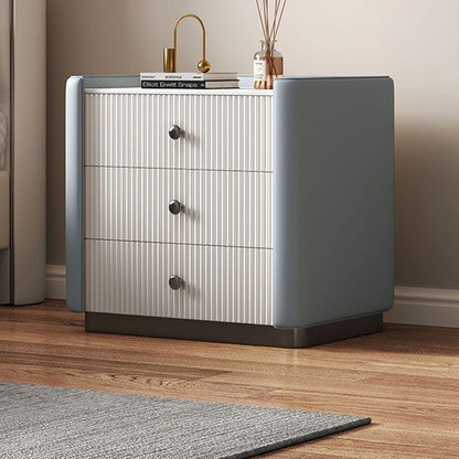 Modern Luxury Rectangular Desktop Microfiber Leather Solid Wood Rock Slab Nightstand 3-Drawer For Bedroom