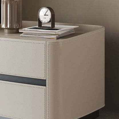 Modern Minimalist Rectangular Tabletop Solid Wood Saddle Leather Nightstand 2-Drawer For Bedroom