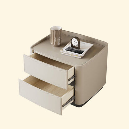 Modern Minimalist Rectangular Tabletop Solid Wood Saddle Leather Nightstand 2-Drawer For Bedroom