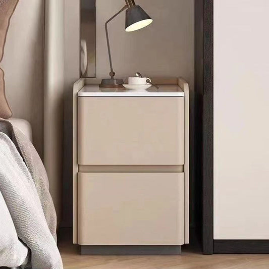 Modern Minimalist Rectangular Tabletop Rock Plate Solid Wood Microfiber Leather 2-Drawer For Bedroom