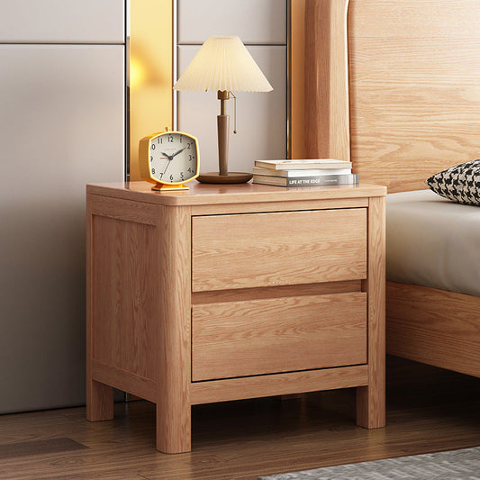Contemporary Scandinavian Rectangular Tabletop Oak Wood Nightstand 2-Drawer For Bedroom