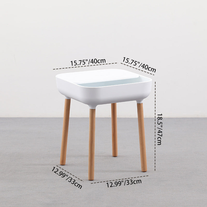 Modern Minimalist Square Desktop Plastic Nightstand With Solid Wood Legs 1-Drawer For Bedroom