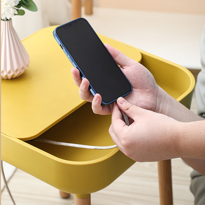 Modern Minimalist Square Desktop Plastic Nightstand With Solid Wood Legs 1-Drawer For Bedroom